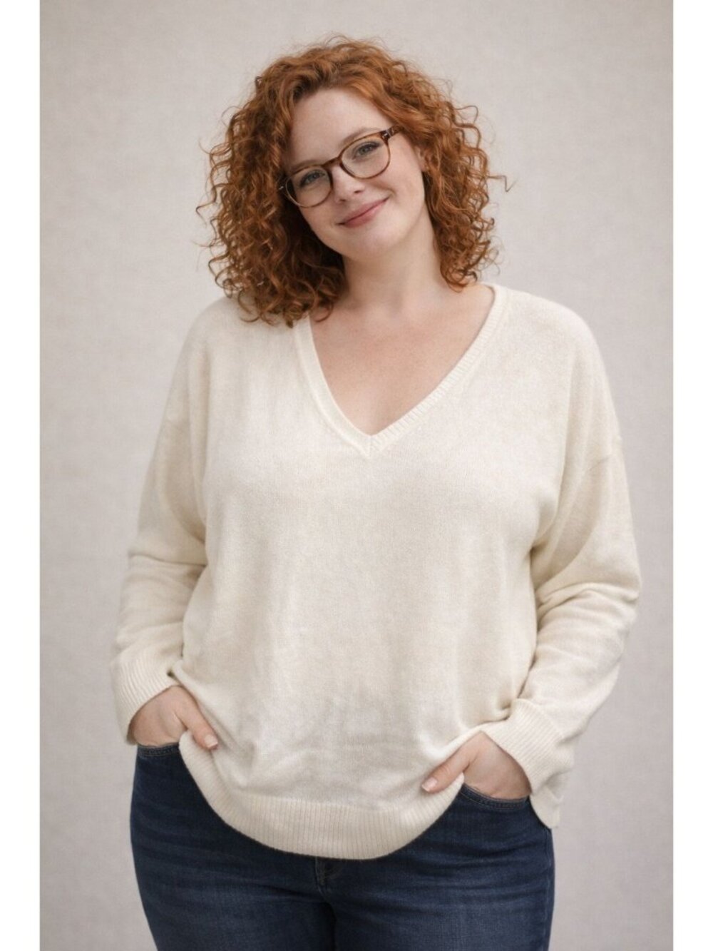 A New Day Womens V-Neck Sweater Ivory 1X Soft Lightweight Pullover Ribbed Trim